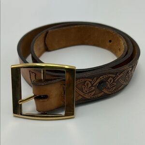 vintage Brown Leather Belt Gold Buckle men's engraved floral Engraved Western